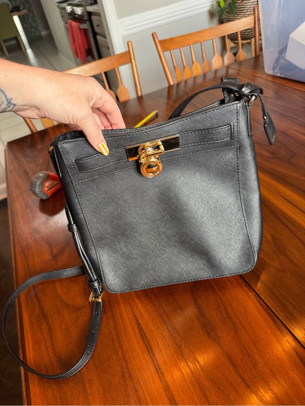 Michael Kors Black Leather Crossbody with Gold Turnlock
